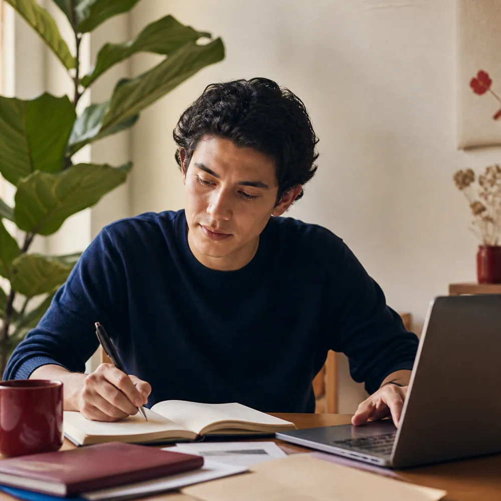 Estudiante organiza sus apuntes y trabaja con una computadora