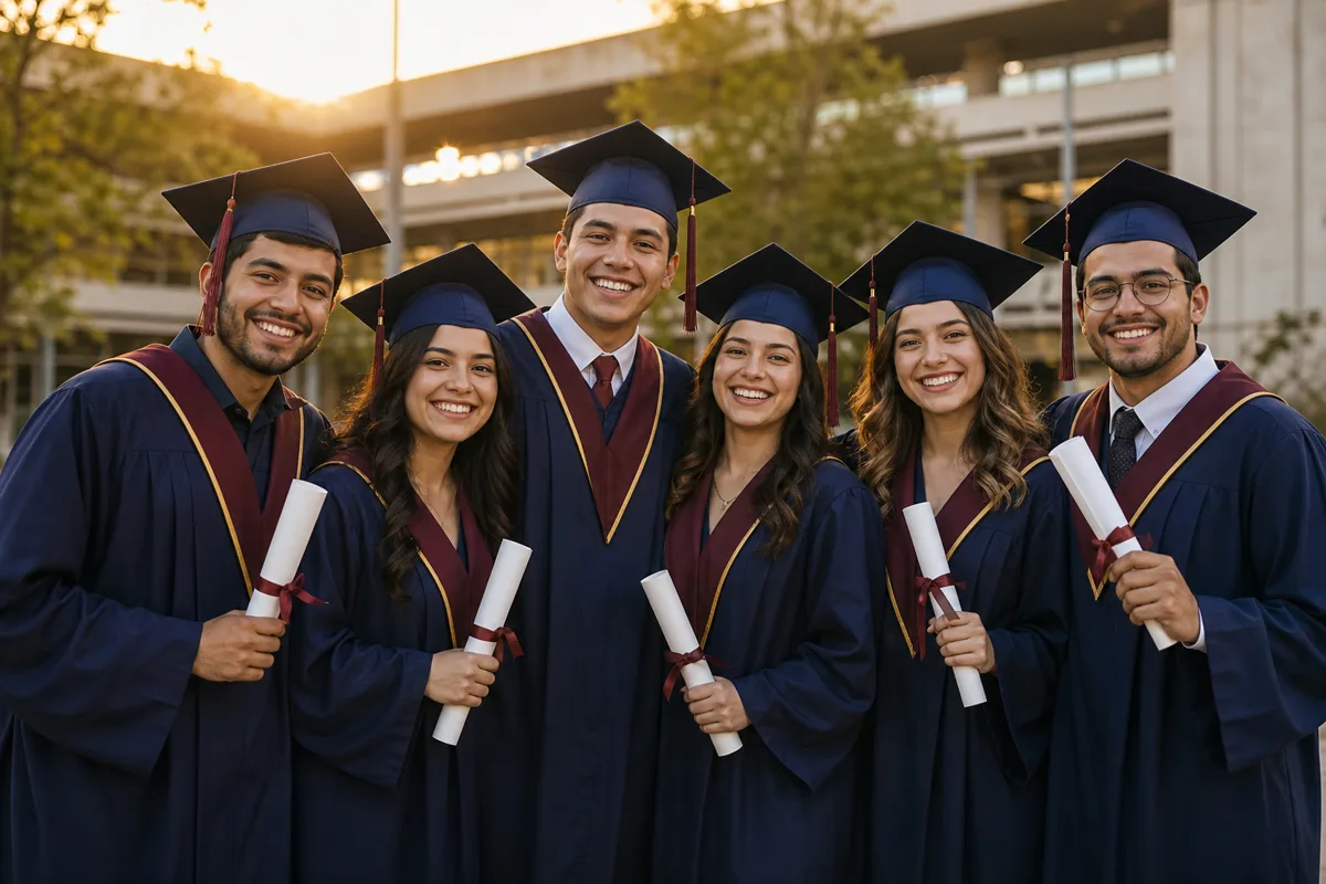 Un grupo de estudiantes celebra su graduación con sonrisas y diplomas en las manos
